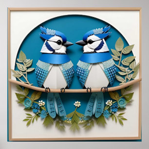 Blue Jays Perched Among Floral Details Poster