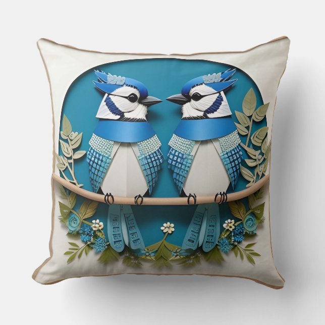 Blue Jays Perched Among Floral Details Throw Pillow (Front)