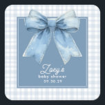 Blue Jean Baby Baby Shower Square Sticker<br><div class="desc">Blue Jean Baby - Baby Shower Party Napkins - Celebrate the sweetest little one on the way with our Blue Jean Baby Boy Baby Shower Square Sticker! Featuring a big, beautiful denim bow, crisp blue gingham, and modern typography, this design perfectly captures the rustic charm and cozy vibes of a...</div>