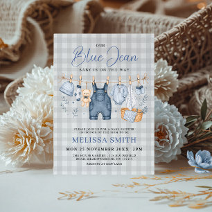 Blue Jean Baby Chequered Gingham Denim Shower Invitation