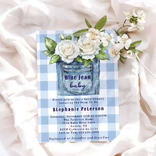 Blue Jean Baby Floral Gingham Boy Baby Shower Invitation