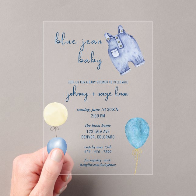 Blue Jean Baby | Modern Baby Shower | Balloons Acrylic Invitations (Insitu (Handheld))