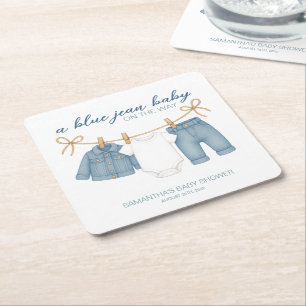 Blue Jean Baby On The Way Baby Shower  Square Paper Coaster