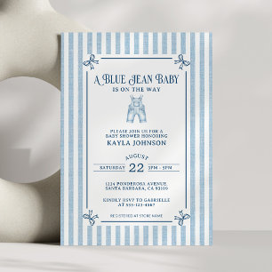Blue Jean Baby Shower Coastal Stripe Bows Invitation