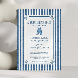 Blue Jean Baby Shower Dark Coastal Stripe Bows Invitation
