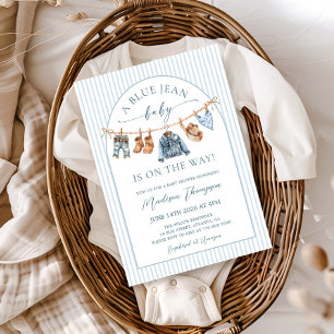 Blue Jean Baby Stripes and Denim Baby Shower Invitation