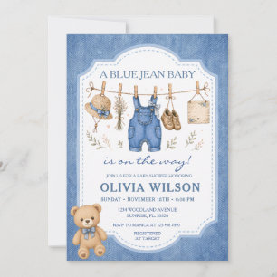 Blue Jean Clothesline Girl Bear Baby Shower Invitation