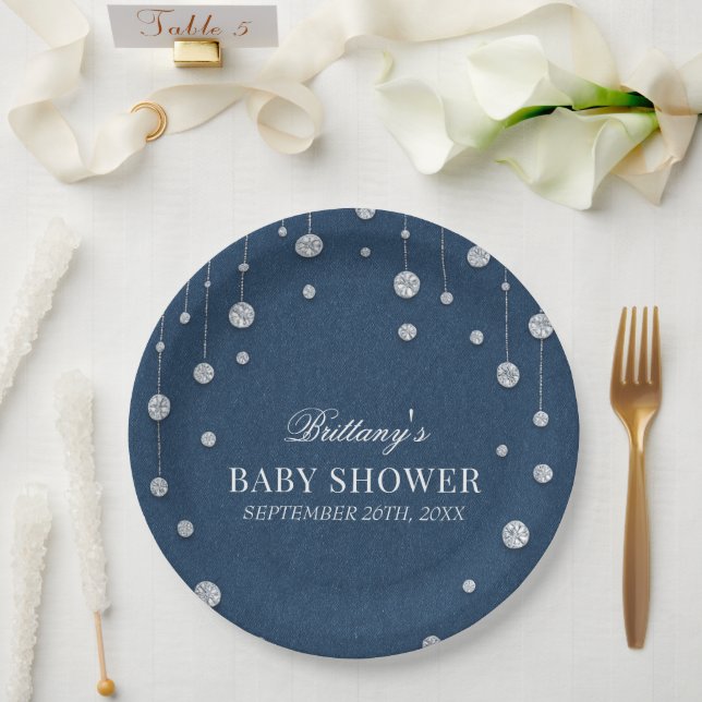 Blue Jean Denim and Diamond Baby Shower Paper Plate (Wedding)