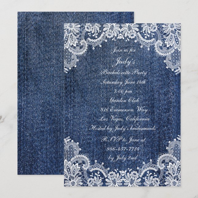 Blue Jean Denim And Lace Bachelorette Party Invitation (Front/Back)