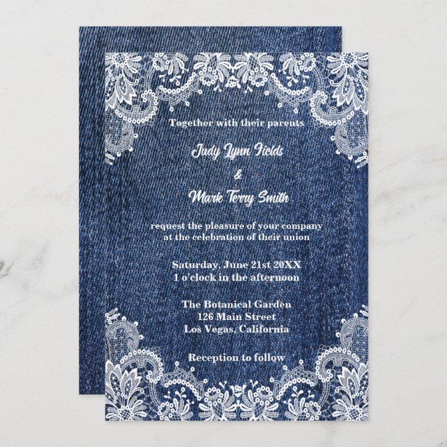 Blue Jean Denim And Lace Wedding Invitation (Front/Back)
