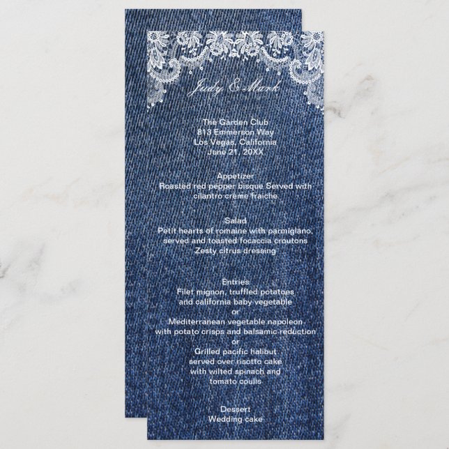 Blue Jean Denim And Lace Wedding Menu Card (Front/Back)
