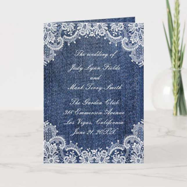 Blue Jean Denim And Lace Wedding Program (Front)