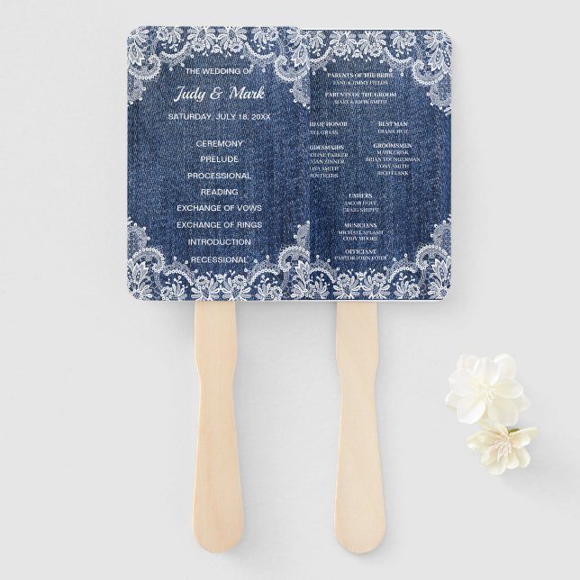 Blue Jean Denim And Lace  Wedding Program Hand Fan (Front and Back)