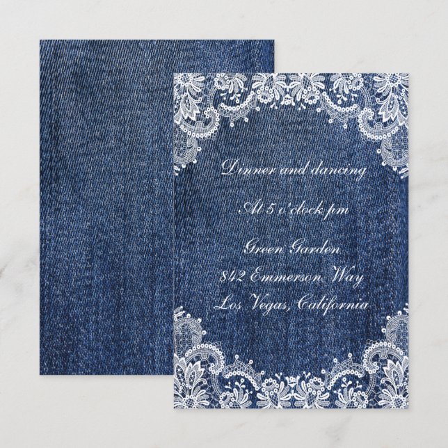 Blue Jean Denim And Lace Wedding Reception Card (Front/Back)