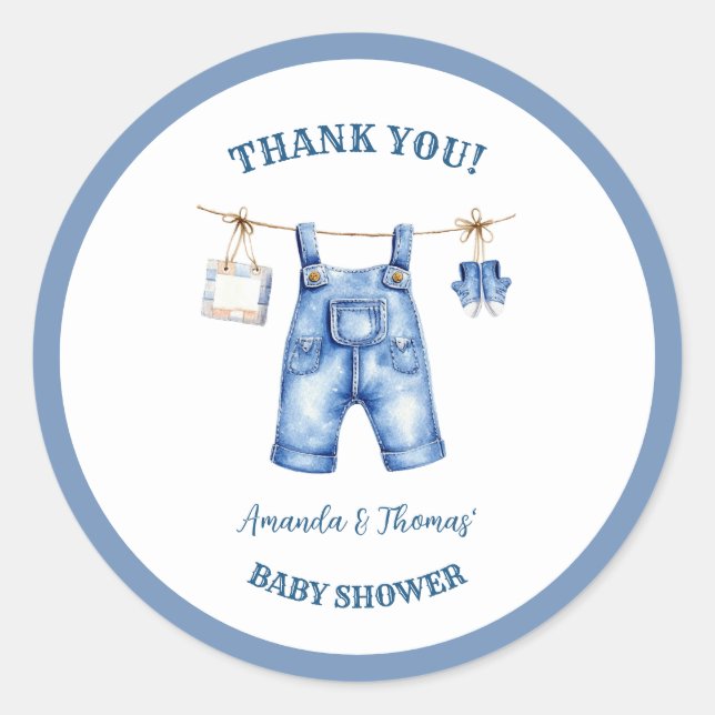 Blue Jean Denim Baby Shower Thank You Classic Round Sticker (Front)