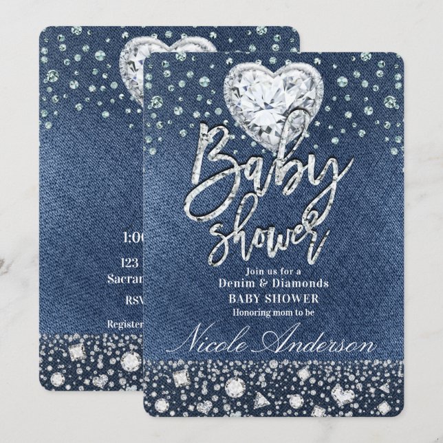 Blue Jean Denim & Bling Diamonds Baby Shower Invitation (Front/Back)