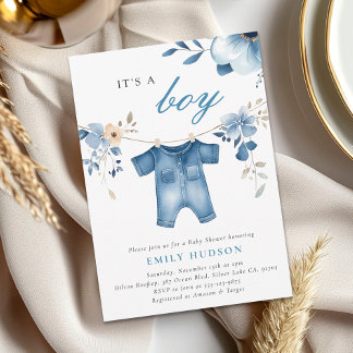 Blue Jean Denim Clothes Boy Baby Shower Invitation