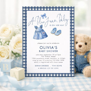 Blue Jean Denim Girl Gingham Baby Shower  Invitation
