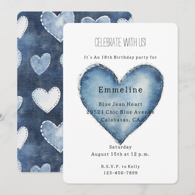 Blue Jean Denim Heart Birthday Invitation (Front/Back)