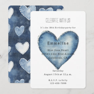 Blue Jean Denim Heart Birthday Invitation
