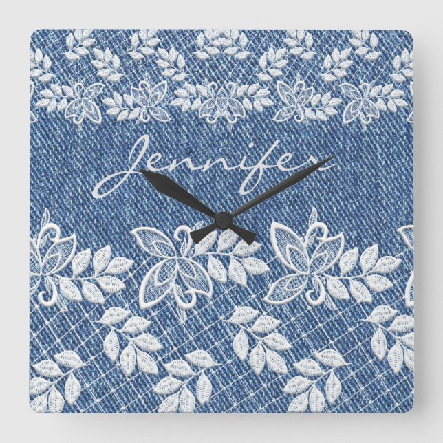 Blue Jean Denim Lace Wall Clock (Front)