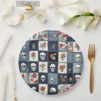 Blue Jean Denim Patchwork Skulls And Florals Paper Plate