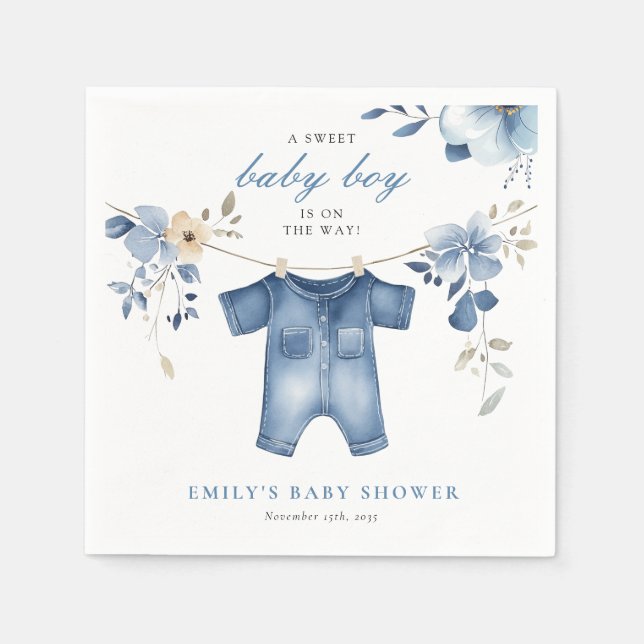 Blue Jean Denim Sweet Boy Baby Shower Napkin (Front)