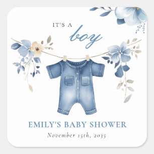 Blue Jean Denim Sweet Boy Baby Shower Square Sticker