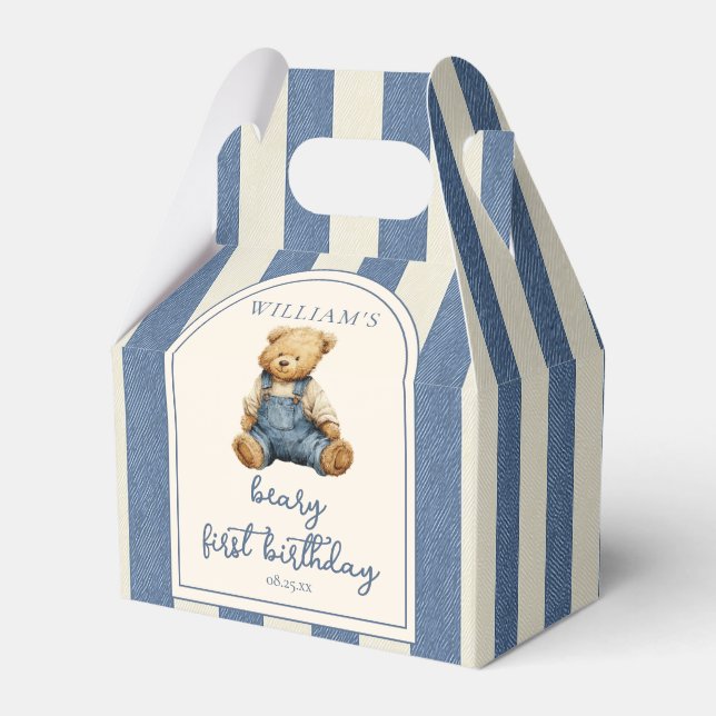 Blue Jean Denim Teddy Bear 1st Birthday Favor Box (Front Side)