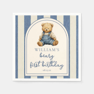 Blue Jean Denim Teddy Bear 1st Birthday Napkin