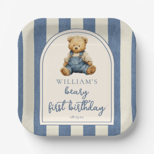 Blue Jean Denim Teddy Bear 1st Birthday Paper Plate
