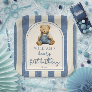 Blue Jean Denim Teddy Bear 1st Birthday Paper Plate