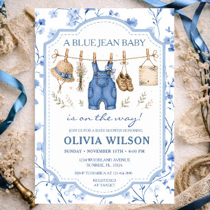 Blue Jean Floral Clothesline Girl Baby Shower Invitation