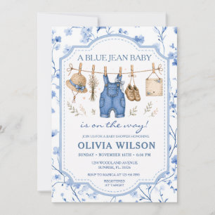 Blue Jean Floral Clothesline Girl Baby Shower Invitation