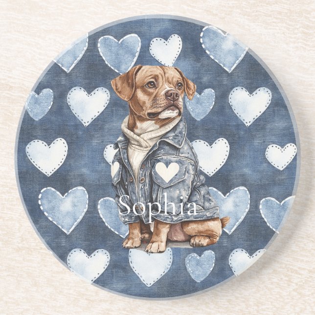 Blue Jean Jacket Hearts Dog Coaster (Front)