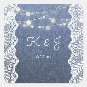 Blue Jean Lace & String Lights Monogram Square Sticker