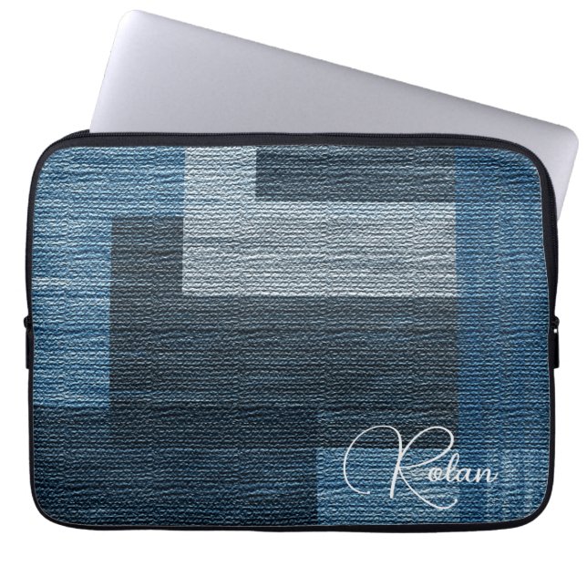 Blue Jean patch Work Faux Burlap Laptop Sleeve (Front)