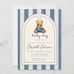 Blue Jean Teddy Bear QR Code Boy Baby Shower Invitation