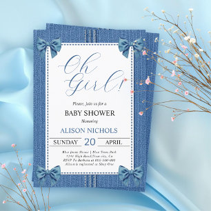 Blue jean with seams and bows baby girl shower invitation