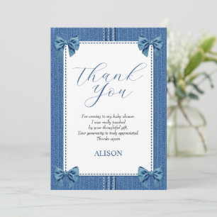 Blue jean with seams and bows baby girl shower thank you card
