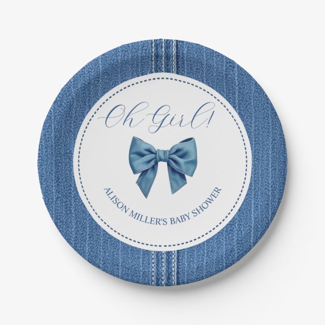 Blue jean with stitches and bow baby girl shower paper plate (Front)