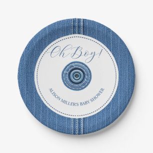 Blue jean with stitches and button baby boy shower paper plate