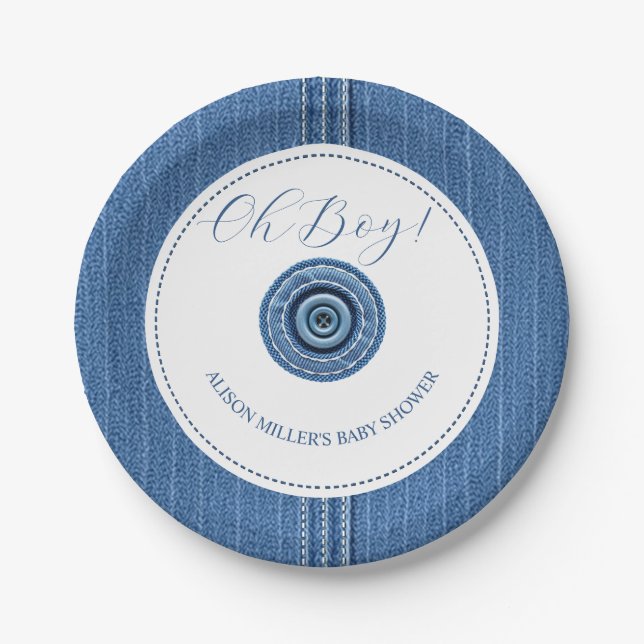 Blue jean with stitches and button baby boy shower paper plate (Front)
