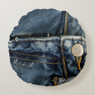 Blue Jeans Denim Zipper Faux Round Pillow