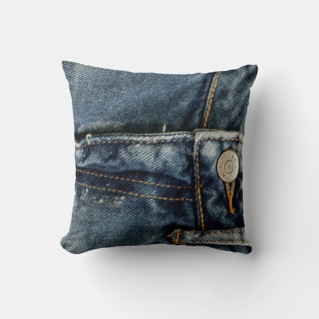 Blue Jeans Denim Zipper Faux Throw Pillow (Front)