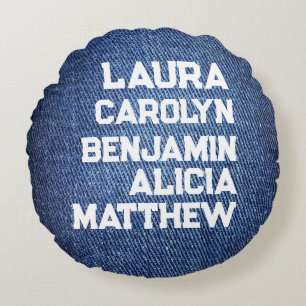 Blue jeans Grandchildren's names simple modern Round Pillow