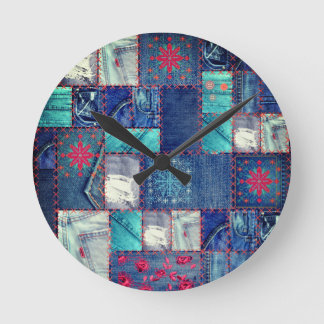 Blue Jeans Patchwork With Floral Detail Round Clock