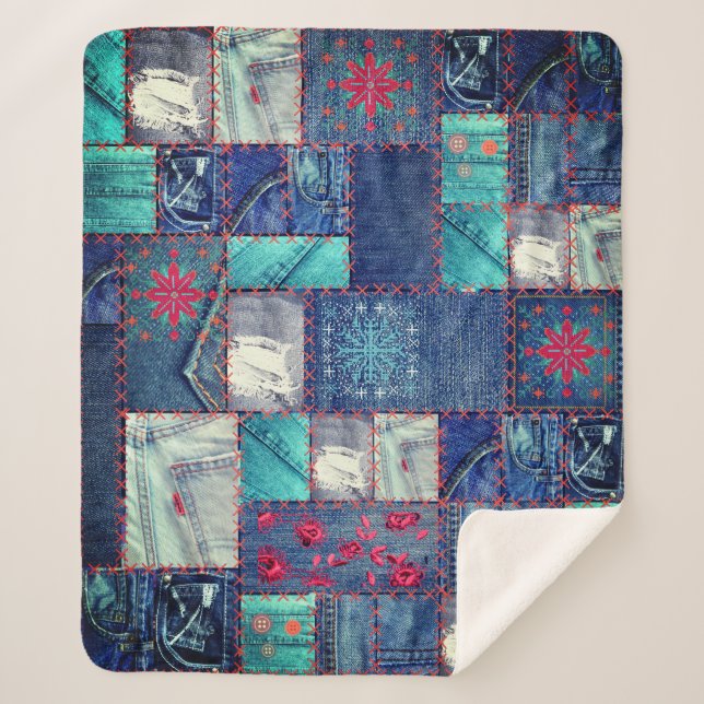 Blue Jeans Patchwork With Floral Detail Sherpa Blanket (Front)