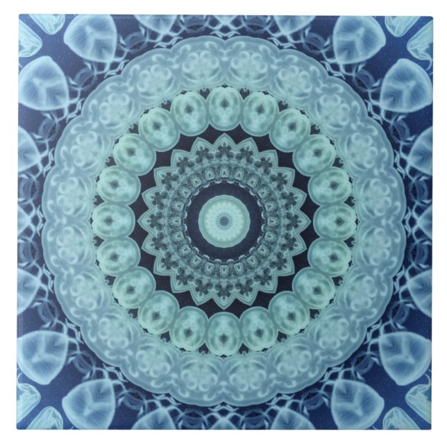 Blue Jellyfish Mandala Ocean-Inspired Symmetry Tile (Front)