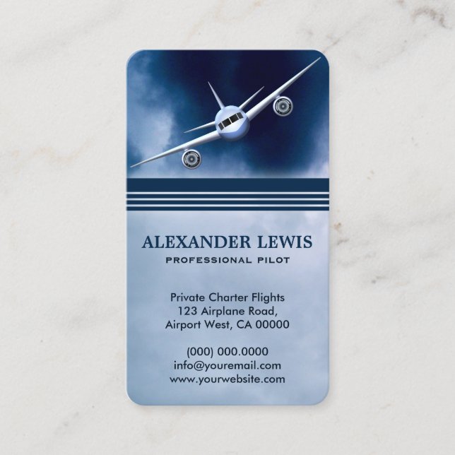 Blue Jet Plane in Sky Charter Pilot Business Cards (Front)